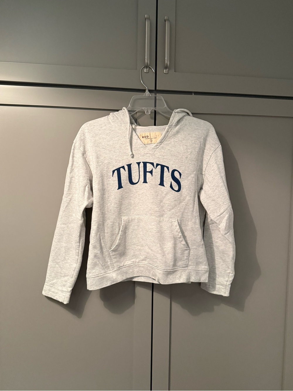 Heather Gray Tufts University Hoodie With Navy Blue Lettering - Women’s Small